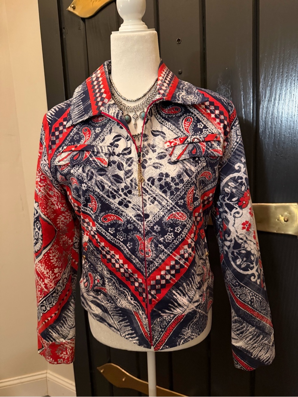 Pristine Vintage 1990’s St. John Collection Bandanna Paisley Jacket Moto Coat Sm